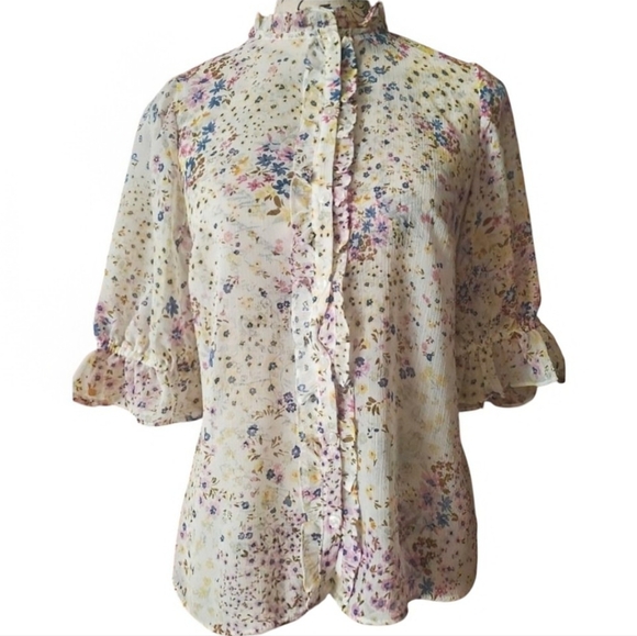 Anthropologie CeCe Floral Sheer Short Sleeve Blouse - Picture 1 of 3
